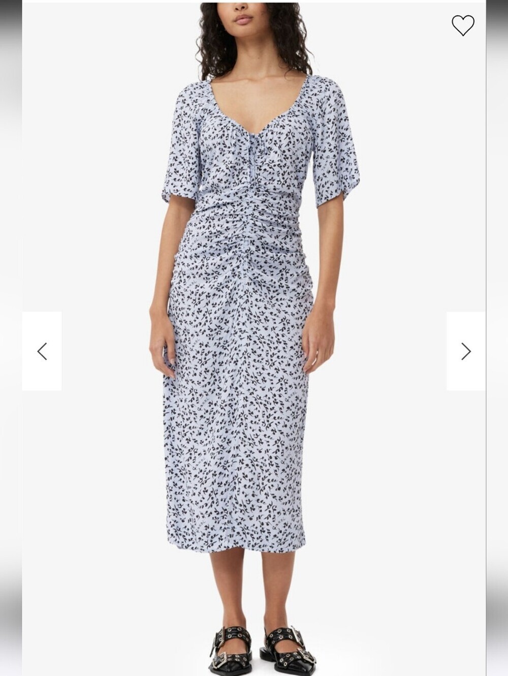 Ganni White Black Ditsy Floral Ruched Puff Sleeve Midi Dress Size 2